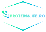Logo Protein4Life.ro reprezentat printr-un simbol stilizat cu braț flexat și halteră, încadrat de forme geometrice în nuanțe de verde și albastru, alături de textul Protein4Life.ro, magazin online de suplimente alimentare nutritive originale premium.