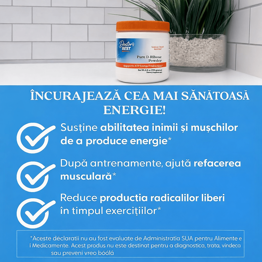 Pure D - Ribose Powder pentru Energie Celulara si Sustinerea ATP - Bioenergy Ribose - Doctor's Best - 250 grame - Protein4Life