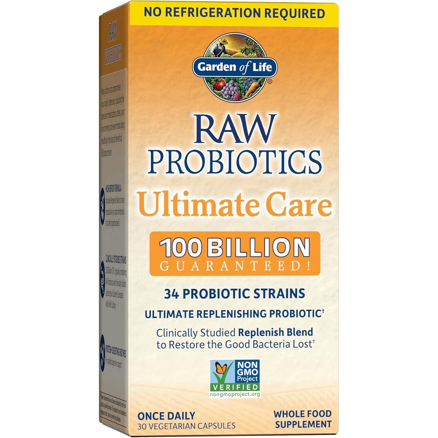 Cutie carton portocaliu-auriu Garden of Life Raw Probiotics Ultimate Care cu logo fructe colorate, banner roșu No Refrigeration Required, text mare 100 Billion Guaranteed și 34 Probiotic Strains, sigiliu Non-GMO Project Verified, Once Daily 30 Vegetarian Capsules. Supliment probiotic RAW cu 100 miliarde CFU, 34 tulpini probiotice, culturi kefir sălbatic și iaurt bulgăresc, enzime digestive. Susține flora intestinală, digestia și imunitatea, stabil la temperatura camerei fără refrigerare.