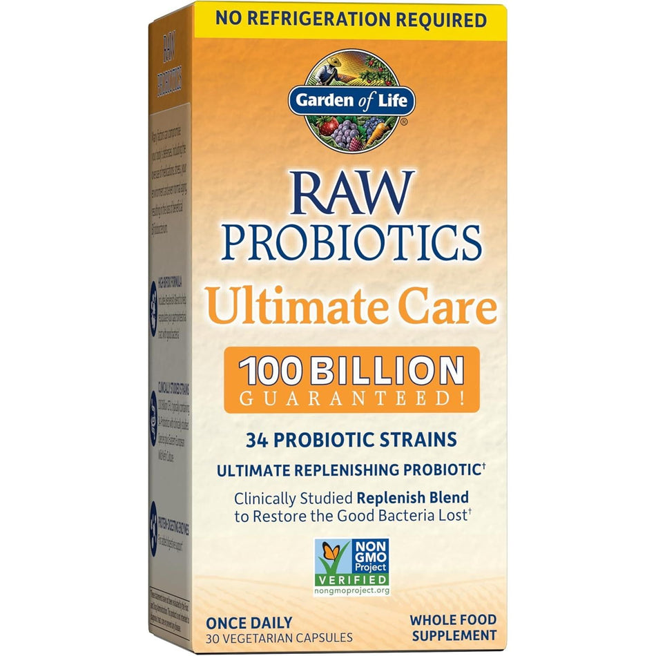 Cutie carton portocaliu-auriu Garden of Life Raw Probiotics Ultimate Care cu logo fructe colorate, banner roșu No Refrigeration Required, text mare 100 Billion Guaranteed și 34 Probiotic Strains, sigiliu Non-GMO Project Verified, Once Daily 30 Vegetarian Capsules. Supliment probiotic RAW cu 100 miliarde CFU, 34 tulpini probiotice, culturi kefir sălbatic și iaurt bulgăresc, enzime digestive. Susține flora intestinală, digestia și imunitatea, stabil la temperatura camerei fără refrigerare.
