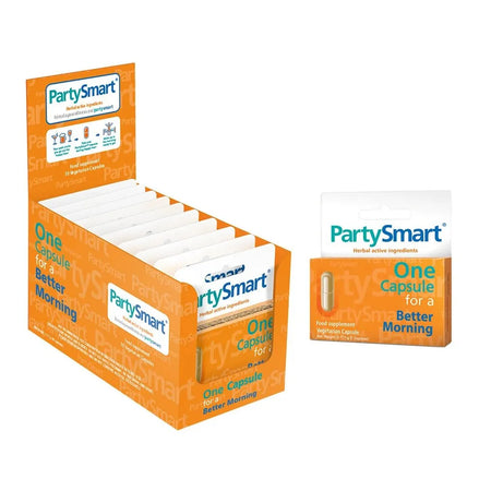 Display box portocaliu PartySmart Himalaya cu blister-uri individuale, text One Capsule for a Better Morning, mențiune Herbal active ingredients, capsulă vegetală vizibilă în ambalaj individual alb-portocaliu-turcoaz, 10 capsule. Supliment ayurvedic 100% pe bază de plante cu Andrographis, cicoare, Phyllanthus amarus și extract sâmburi struguri pentru susținerea ficatului după consum de alcool. Susține metabolismul alcoolului, enzimele hepatice ADH și ALDH, protecție antioxidantă.