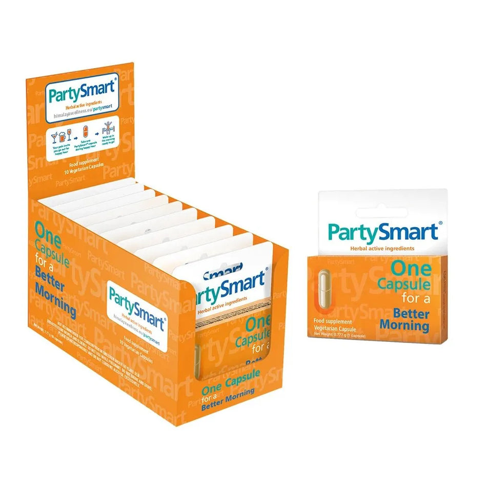 Display box portocaliu PartySmart Himalaya cu blister-uri individuale, text One Capsule for a Better Morning, mențiune Herbal active ingredients, capsulă vegetală vizibilă în ambalaj individual alb-portocaliu-turcoaz, 10 capsule. Supliment ayurvedic 100% pe bază de plante cu Andrographis, cicoare, Phyllanthus amarus și extract sâmburi struguri pentru susținerea ficatului după consum de alcool. Susține metabolismul alcoolului, enzimele hepatice ADH și ALDH, protecție antioxidantă.