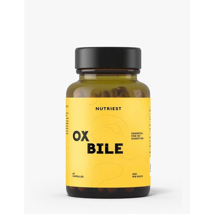 Flacon sticlă ambră Nutriest Ox Bile cu capac negru, etichetă galben-muștar cu logo NUTRIEST, text mare OX BILE, mențiune Essential For Fat Digestion, 60 capsule de 500mg vizibile prin sticlă. Supliment premium cu acizi biliari naturali purificați din sursă bovină certificată UE, puritate peste 98% pentru digestia grăsimilor și absorbția vitaminelor liposolubile. Susține emulsificarea lipidelor, ideal după colecistectomie sau pentru diete ketogenice și carnivore.