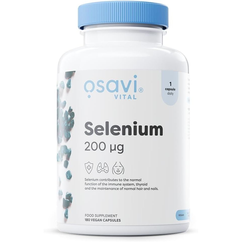 Recipient plastic alb Osavi Vital Selenium cu capac albastru, logo gri elegant, text mare Selenium 200μg, badge 1 capsule daily, ilustrație granule minerale turcoaz, icoane tiroidă, imunitate, păr și unghii, 180 Vegan Capsules și badge Vegan vizibil. Supliment premium cu L-selenometionină organică 200mcg, formă cu biodisponibilitate ridicată, 364% din doza zilnică recomandată. Susține funcția tiroidei, sistemul imunitar, protejează celulele de stres oxidativ, menține sănătatea părului și unghiilor.