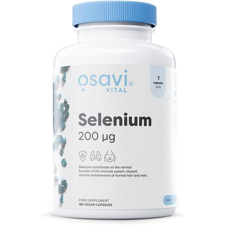 Recipient plastic alb Osavi Vital Selenium cu capac albastru, logo gri elegant, text mare Selenium 200μg, badge 1 capsule daily, ilustrație granule minerale turcoaz, icoane tiroidă, imunitate, păr și unghii, 180 Vegan Capsules și badge Vegan vizibil. Supliment premium cu L-selenometionină organică 200mcg, formă cu biodisponibilitate ridicată, 364% din doza zilnică recomandată. Susține funcția tiroidei, sistemul imunitar, protejează celulele de stres oxidativ, menține sănătatea părului și unghiilor.