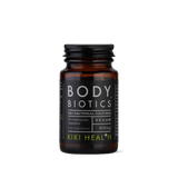 Flacon sticlă ambră KIKI Health Body Biotics cu capac negru, etichetă neagră cu text mare Body Biotics, subtitlu SBO Bacterial Cultures, mențiuni 30 vegetarian capsules, Vegan, 400mg, food supplement, logo KIKI Health. Supliment premium cu organisme probiotice bazate pe sol, 8 tulpini SBO în stare sporulată rezistente la acidul gastric pentru susținerea microbiomului intestinal. Susține echilibrul florei intestinale, digestia și sistemul imunitar, stabil la temperatura camerei fără refrigerare.