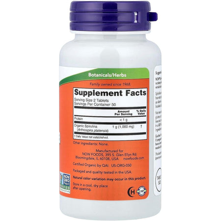 Spirulina 500 Certificata Organic pentru Vitalitate si Suport Imunitar - NOW Foods - 500 mg - 100 tablete - Protein4Life