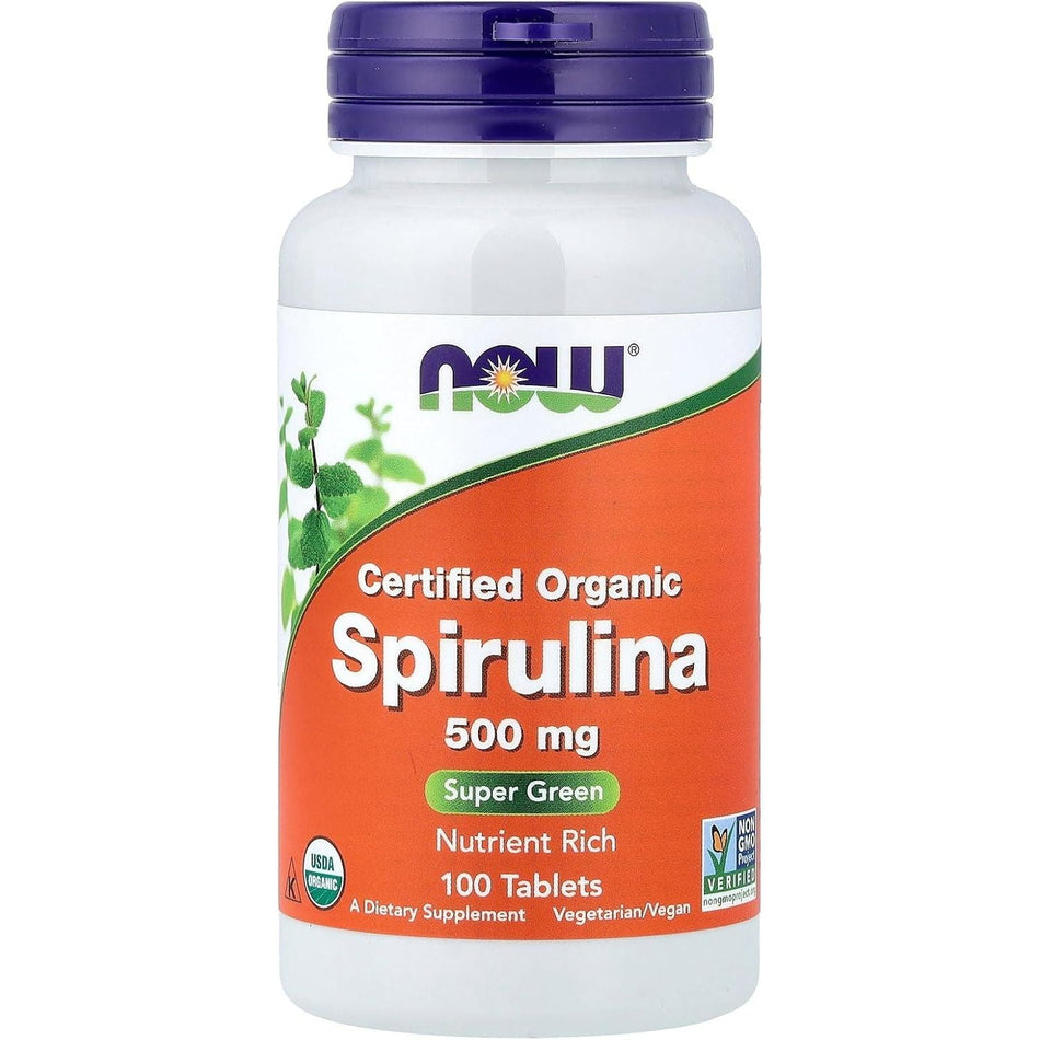 Spirulina 500 Certificata Organic pentru Vitalitate si Suport Imunitar - NOW Foods - 500 mg - 100 tablete - Protein4Life