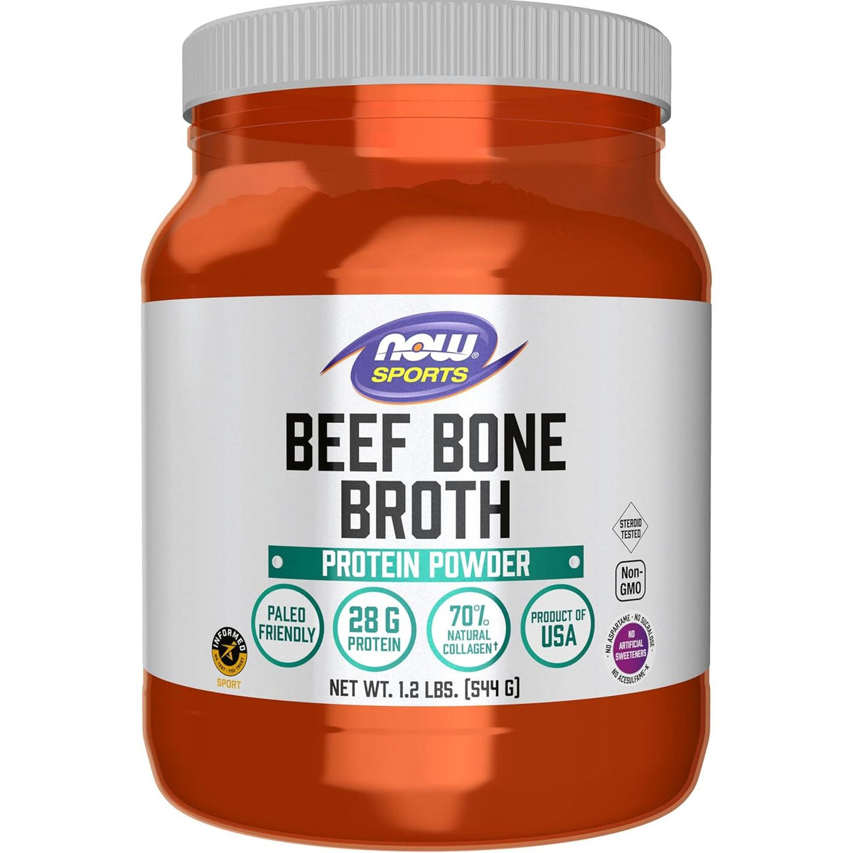 Recipient plastic portocaliu Now Sports Beef Bone Broth cu capac gri, logo NOW Sports albastru-galben, text mare Beef Bone Broth Protein Powder, bandă turcoaz cu badge-uri Paleo Friendly, 28G Protein, 70% Natural Collagen, Product of USA, sigilii Informed Sport și Non-GMO, 544g vizibil. Pudră proteică din supă de oase de vită cu 28g proteină și 70% colagen natural per porție, potrivită pentru diete Keto și Paleo. Susține recuperarea musculară și țesutul conjunctiv, fără zahăr, fără ingrediente artificiale.