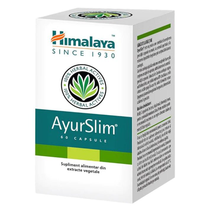Cutie carton albă Himalaya AyurSlim cu logo verde-portocaliu Himalaya Since 1930, sigiliu 100% Herbal Actives cu frunză, text mare turcoaz AyurSlim, 60 Capsule, mențiune Supliment alimentar din extracte vegetale, benzi verzi decorative. Formulă ayurvedică cu 5 extracte: Garcinia cambogia, Gymnema sylvestre, guggul, Terminalia și schinduf pentru controlul greutății și metabolismului lipidic. Susține reducerea poftei de dulciuri, senzația de sațietate și digestia echilibrată.