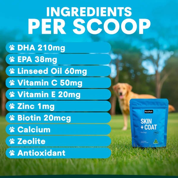 Supliment pentru Piele si Blana Sanatoasa la Caini - Skin + Coat pentru Piele Sensibila si Blana Stralucitoare - PetzPark Australia - 90 grame - Protein4Life