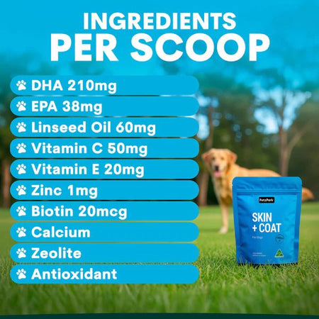 Supliment pentru Piele si Blana Sanatoasa la Caini - Skin + Coat pentru Piele Sensibila si Blana Stralucitoare - PetzPark Australia - 90 grame - Protein4Life