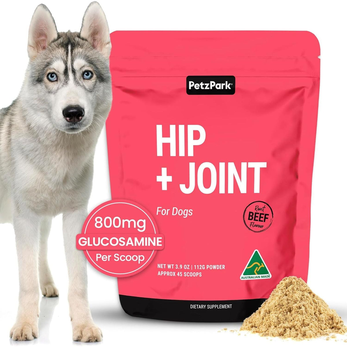 Supliment pentru Solduri si Articulatii Caini - Hip + Joint for Dogs - PetzPark Australia - 112 grame - Protein4Life