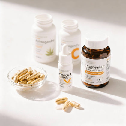 Suplimente pentru creier și stare de bine: Ashwagandha, Omega 3 DHA și Magnesium cu capsule aurii pe fundal alb