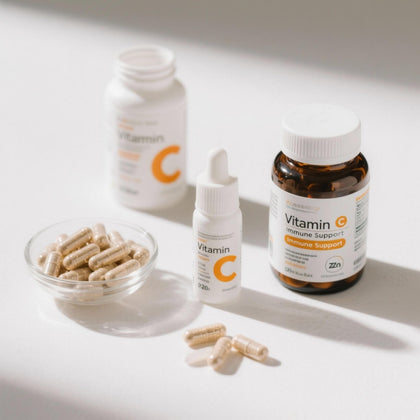 Suplimente pentru imunitate: Vitamina C în sticlă albă și spray nazal, Vitamina C cu Zinc în sticlă maro și capsule bej pe fundal alb