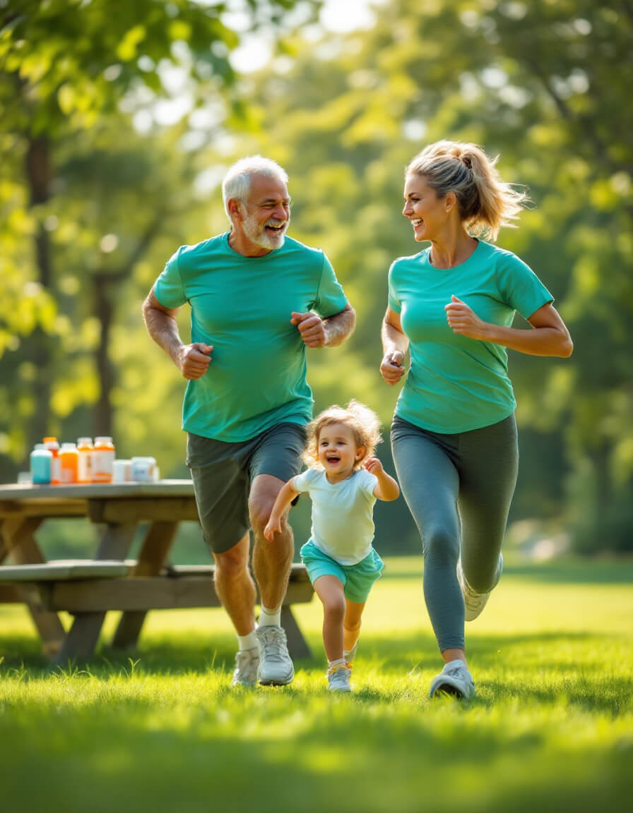 Bunicii alergând cu nepotul în parc, suplimente pentru longevitate și vitalitate pe masa de picnic din fundal
