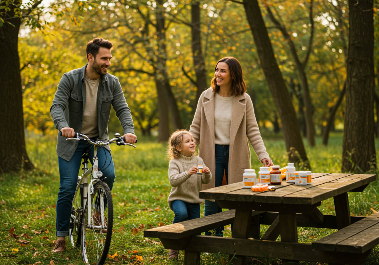 Cuplu tânăr cu copil în parc cu frunze galbene de toamnă, bărbat cu bicicletă, femeie în palton bej și fetiță la masă de picnic din lemn cu flacoane de suplimente portocalii pentru imunitate
