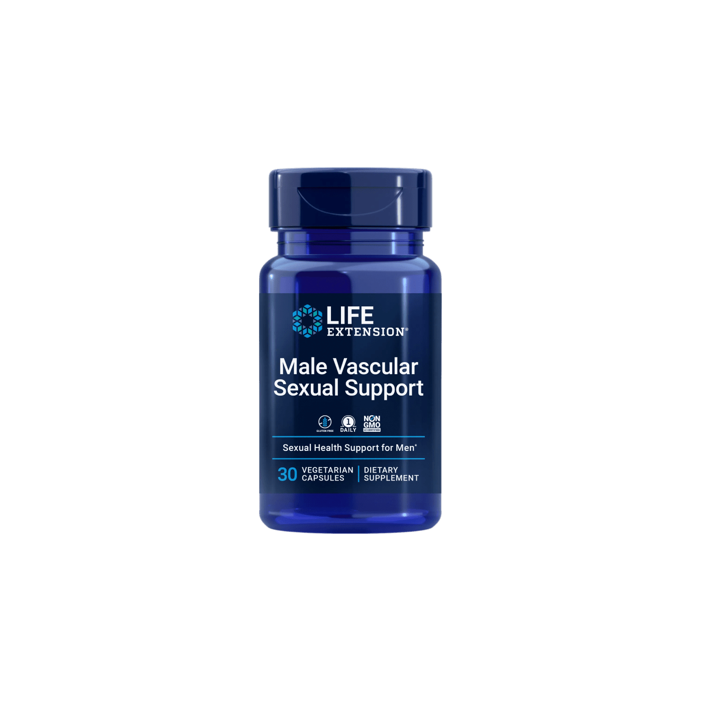 Recipient plastic albastru Life Extension Male Vascular Sexual Support cu capac alb, logo frunză albă, text mare Male Vascular Sexual Support, badge-uri 1 Daily și Non-GMO, banner albastru Sexual Health Support for Men, 30 Vegetarian Capsules vizibil. Supliment premium cu 100mg KaempMax extract ghimbir negru standardizat 5% 5,7-dimetoxiflavonă pentru susținerea funcției sexuale masculine. Susține sinteza oxidului nitric, fluxul sanguin sănătos și vitalitatea, formulă vegetariană non-GMO.