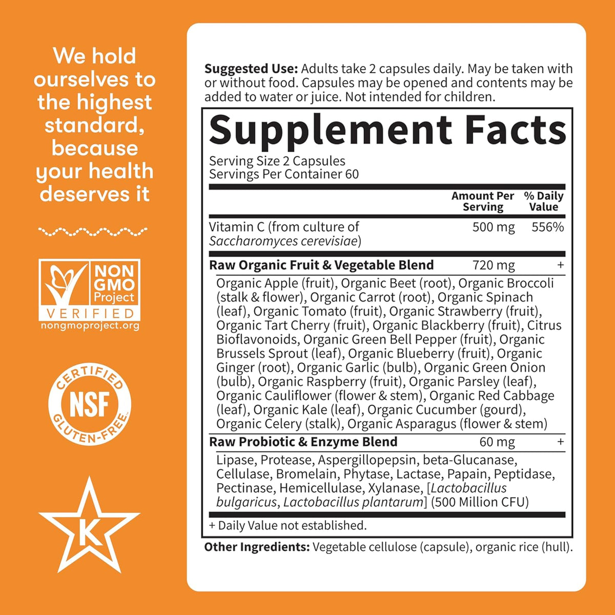Tabel Nutritional - Vitamin Code Raw Vitamin C - Garden of Life - 500 mg - Protein4Life