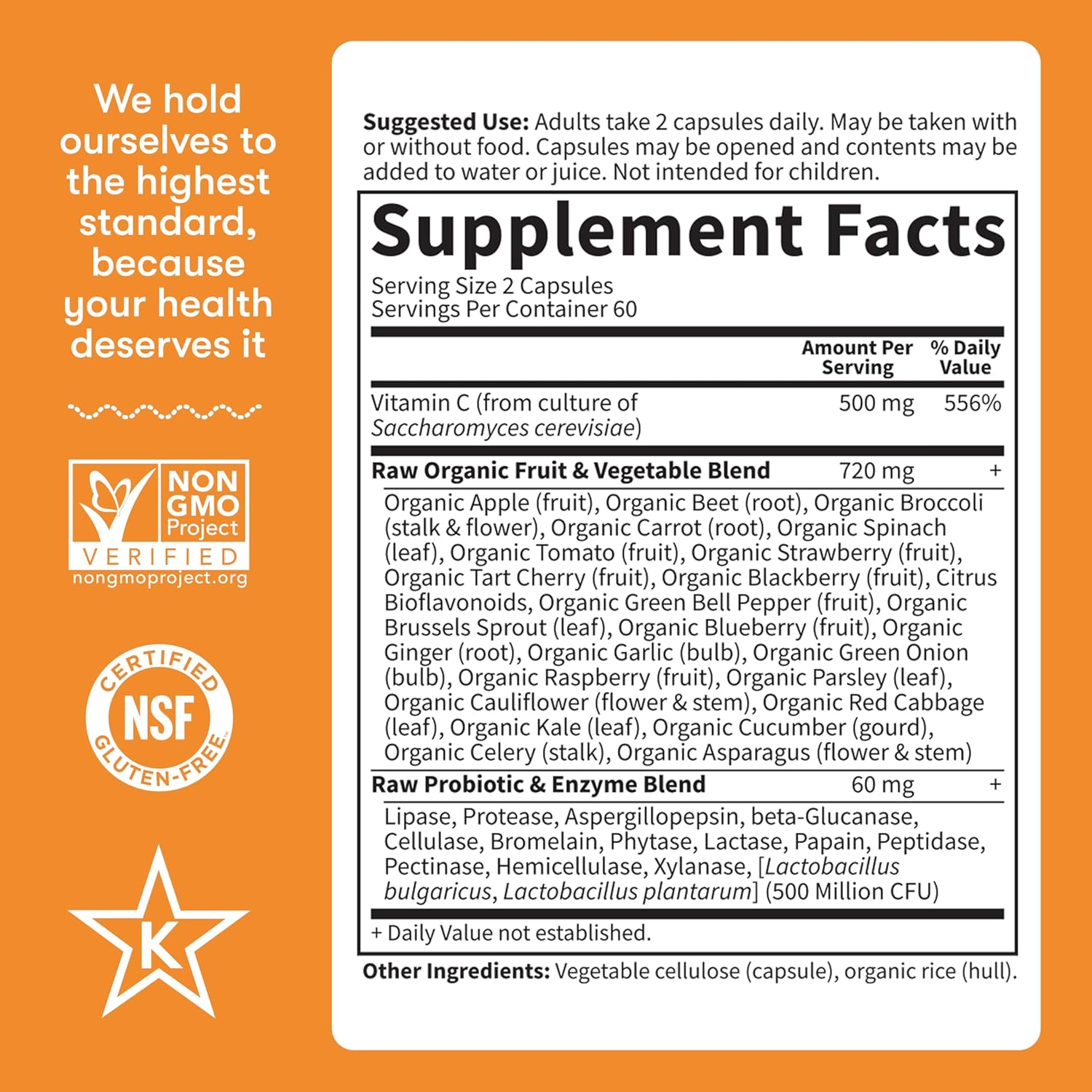 Tabel Nutritional - Vitamin Code Raw Vitamin C - Garden of Life - 500 mg - Protein4Life