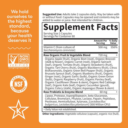 Tabel Nutritional - Vitamin Code Raw Vitamin C - Garden of Life - 500 mg - Protein4Life