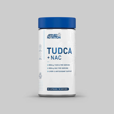 Recipient plastic alb Applied Nutrition TUDCA+NAC cu capac albastru, logo Applied Nutrition cu atom, text mare TUDCA+NAC, specificații 800mg TUDCA Per Serving, 900mg NAC Per Serving, Liver & Antioxidant Support, icoane vegan și prietenos cu stomacul, 90 Capsules 30 Servings vizibil. Formula premium pentru detoxifiere hepatică cu acid tauroursodeoxicolic și N-acetilcisteină precursor de glutation. Susține funcția ficatului, reduce stresul oxidativ, îmbunătățește drenajul biliar și eliminarea toxinelor.