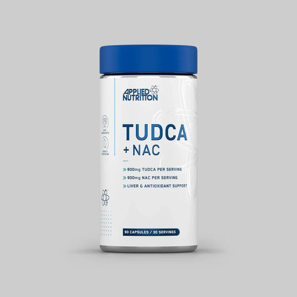 Recipient plastic alb Applied Nutrition TUDCA+NAC cu capac albastru, logo Applied Nutrition cu atom, text mare TUDCA+NAC, specificații 800mg TUDCA Per Serving, 900mg NAC Per Serving, Liver & Antioxidant Support, icoane vegan și prietenos cu stomacul, 90 Capsules 30 Servings vizibil. Formula premium pentru detoxifiere hepatică cu acid tauroursodeoxicolic și N-acetilcisteină precursor de glutation. Susține funcția ficatului, reduce stresul oxidativ, îmbunătățește drenajul biliar și eliminarea toxinelor.