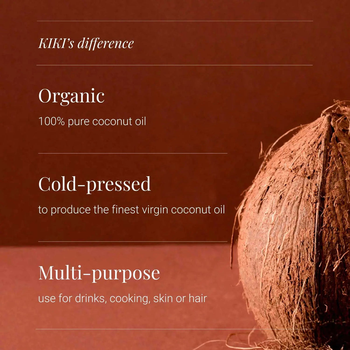 Ulei de Cocos Organic Presat la Rece - Kiki Health - 500 ml - Protein4Life