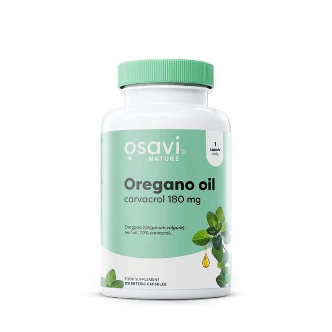 Recipient plastic alb Osavi Nature Oregano Oil cu capac verde mentă, logo gri, text mare Oregano oil carvacrol 180mg pe bandă verde, badge 1 capsule daily, ilustrație frunze oregano și picătură ulei, 120 Enteric Capsules vizibil. Supliment premium cu ulei de oregano standardizat 70% carvacrol din Origanum vulgare, capsule enterice gastro-rezistente pentru eliberare intestinală. Susține echilibrul florei intestinale, confortul digestiv și sistemul imunitar, distilare cu abur fără solvenți chimici.
