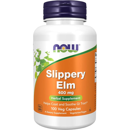 Recipient plastic alb Now Foods Slippery Elm cu capac albastru închis, logo NOW verde-portocaliu, ilustrație frunze verzi, text mare Slippery Elm 400mg, banner portocaliu Herbal Supplement, mențiune Helps Coat and Soothe GI Tract, sigiliu Non-GMO, 100 Veg Capsules Vegetarian/Vegan. Supliment herbal cu 400mg coajă de ulm alunecos Ulmus rubra per capsulă, sursă naturală de mucilagii pentru protecția mucoasei digestive. Susține confortul gastric și esofagian, lubrifiere naturală a tractului gastrointestinal.
