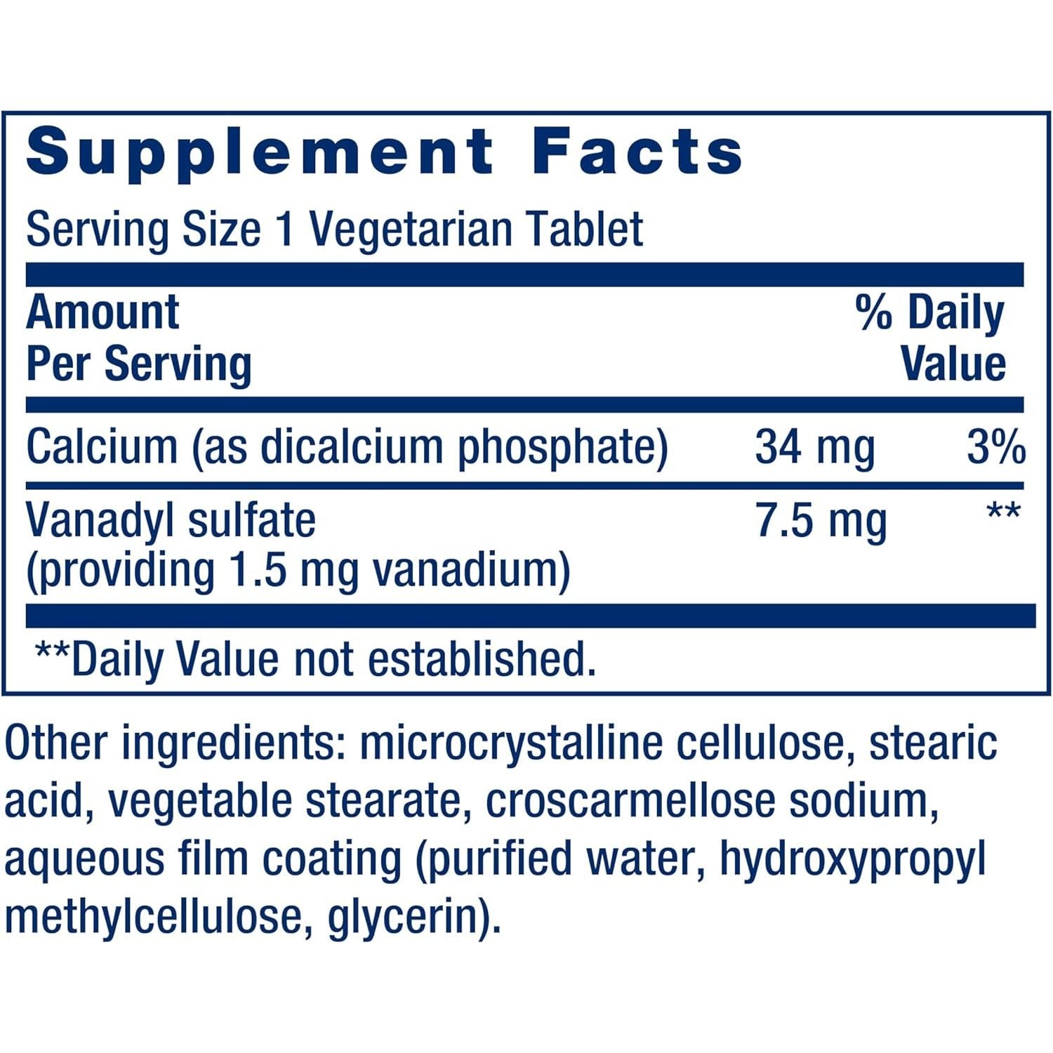 Vanadiu Vanadyl Sulfate 7.5 mg pentru Metabolismul Glucozei, Functie Hormonala si Sensibilitate la Insulina - Life Extension - 100 capsule - Protein4Life