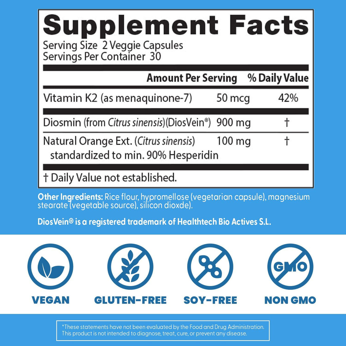 Vein Support pentru Circulatia Picioarelor cu Diosmina, Hesperidina si MenaQ7 Vitamina K2 - Doctor's Best - 60 Capsule - Protein4Life