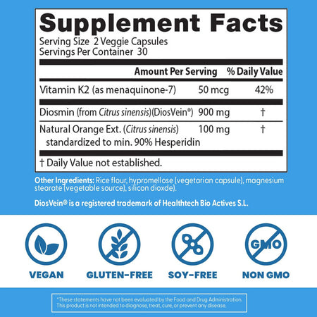 Vein Support pentru Circulatia Picioarelor cu Diosmina, Hesperidina si MenaQ7 Vitamina K2 - Doctor's Best - 60 Capsule - Protein4Life