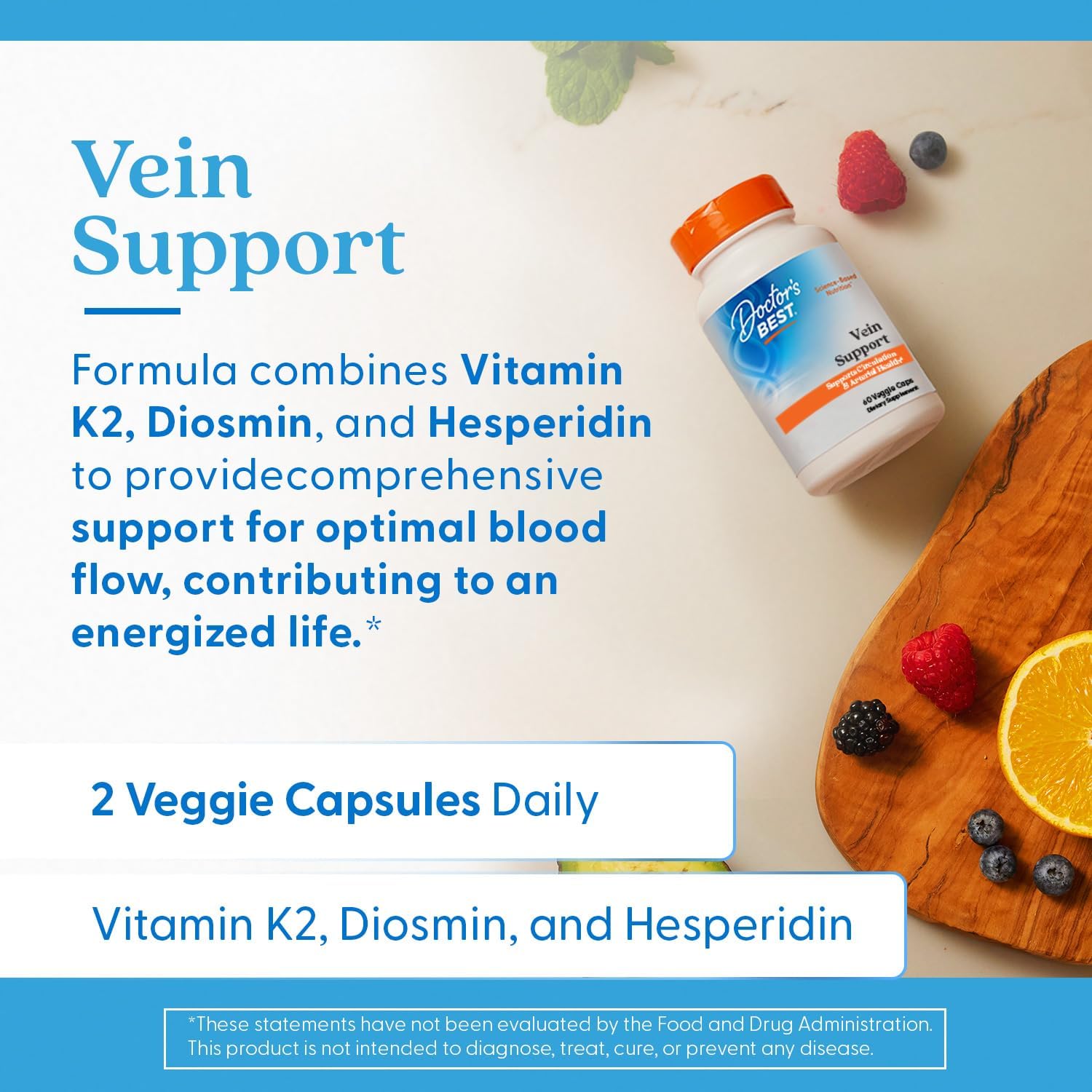 Vein Support pentru Circulatia Picioarelor cu Diosmina, Hesperidina si MenaQ7 Vitamina K2 - Doctor's Best - 60 Capsule - Protein4Life