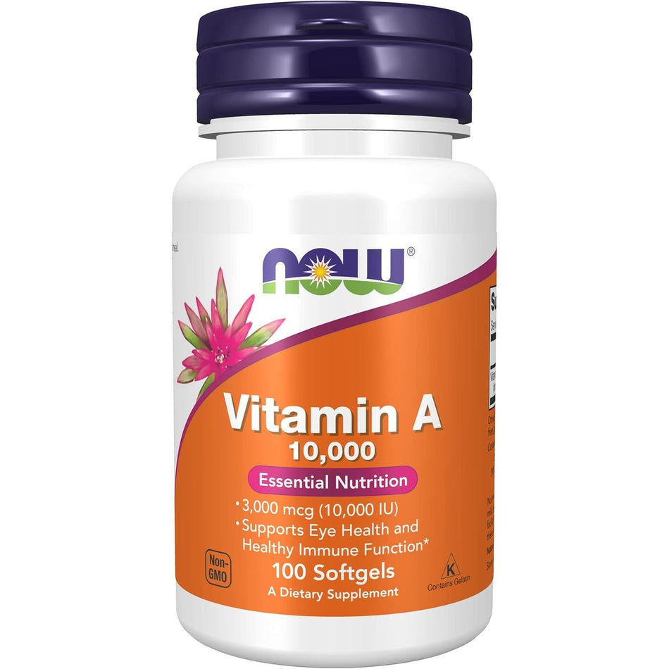 Vitamin A 10.000 IU pentru Piele, Vedere si Protectie Imunitara - NOW Foods - 100 capsule moi - Protein4Life