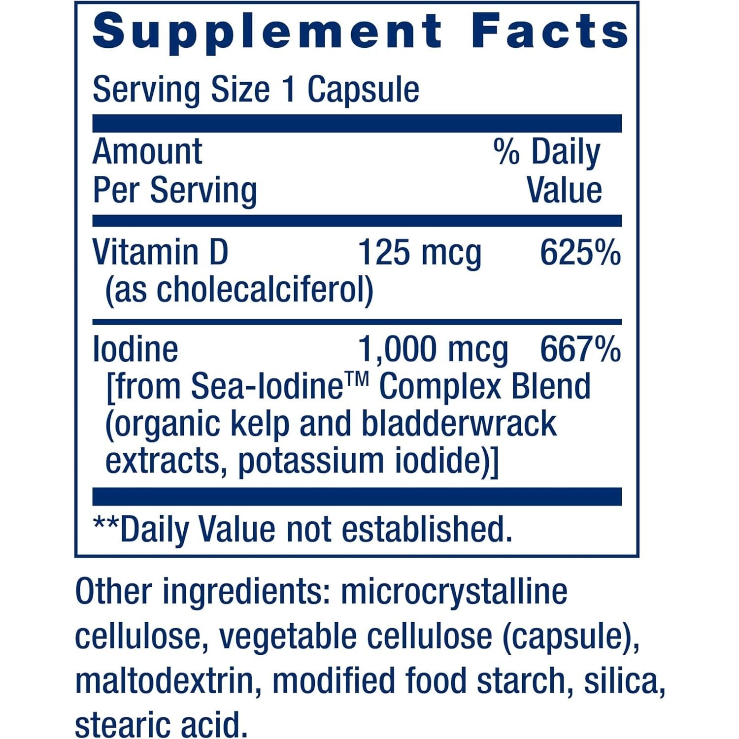 Vitamina D3 5000 IU cu Iod Marin - Suport pentru Imunitate si Tiroida - Life Extension - 60 capsule - Protein4Life