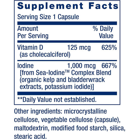 Vitamina D3 5000 IU cu Iod Marin - Suport pentru Imunitate si Tiroida - Life Extension - 60 capsule - Protein4Life