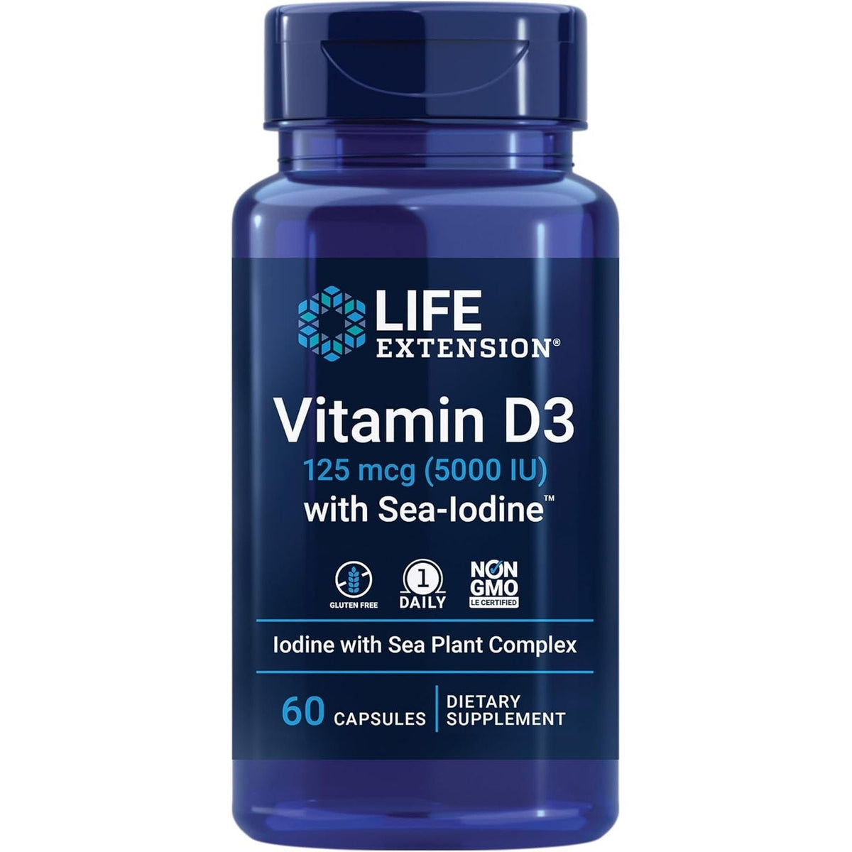 Vitamina D3 5000 IU cu Iod Marin - Suport pentru Imunitate si Tiroida - Life Extension - 60 capsule - Protein4Life