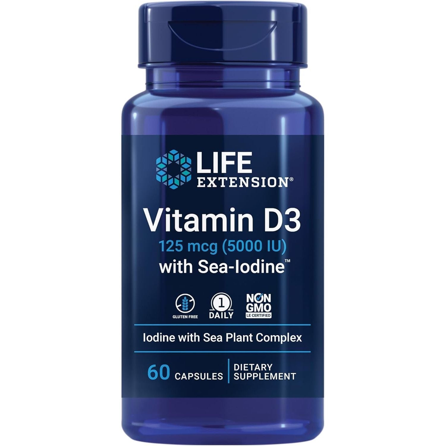 Vitamina D3 5000 IU cu Iod Marin - Suport pentru Imunitate si Tiroida - Life Extension - 60 capsule - Protein4Life