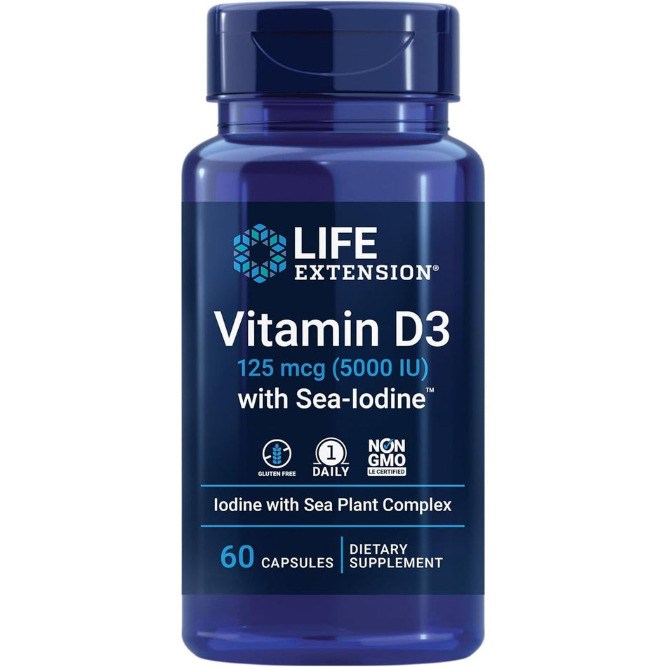 Vitamina D3 5000 IU cu Iod Marin - Suport pentru Imunitate si Tiroida - Life Extension - 60 capsule - Protein4Life