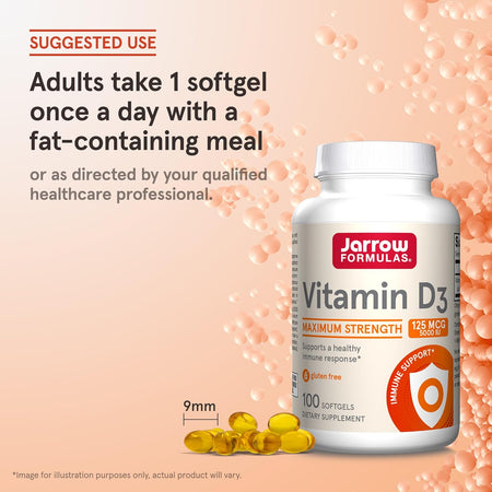 Vitamina D3 5000 UI pentru Imunitate, Oase Puternice si Metabolismul Calciului - Jarrow Formulas - 100 capsule - Protein4Life