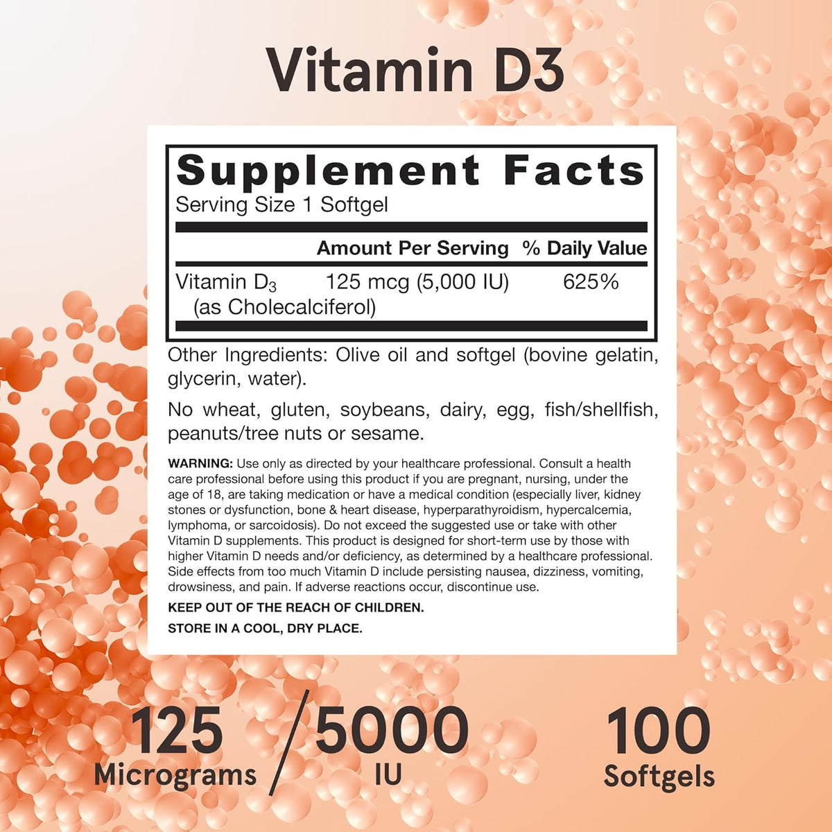 Vitamina D3 5000 UI pentru Imunitate, Oase Puternice si Metabolismul Calciului - Jarrow Formulas - 100 capsule - Protein4Life