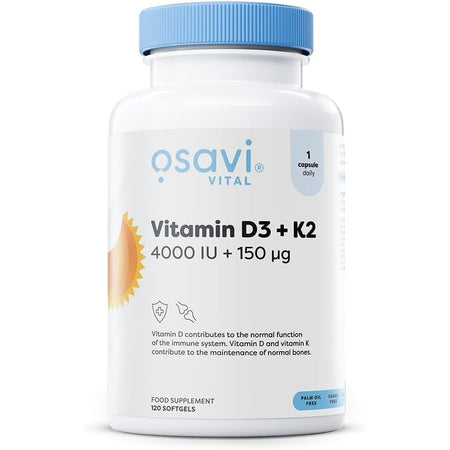 Recipient plastic alb Osavi Vital Vitamin D3+K2 cu capac albastru, logo gri elegant, text mare Vitamin D3+K2 4000 IU + 150μg, badge 1 capsule daily, icoane Palm Oil Free și Sugar Free vizibile, 120 softgels. Supliment premium cu vitamina D3 naturală Quali-D și K2 bioactiv MK-7 K2VITAL dizolvate în ulei MCT din nucă de cocos pentru absorbție optimă. Susține sănătatea oaselor și dinților, funcționarea normală a sistemului imunitar, direcționează calciul corect în organism.
