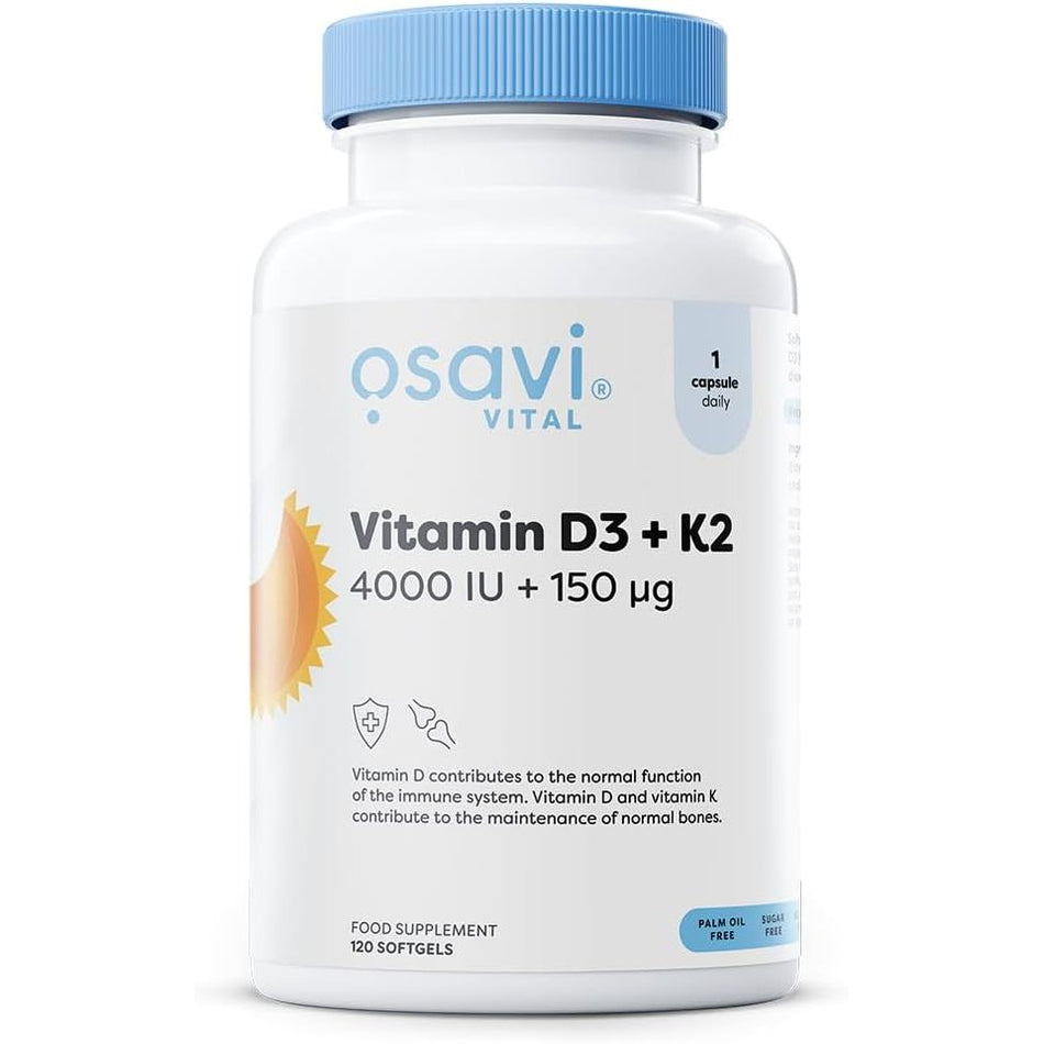 Recipient plastic alb Osavi Vital Vitamin D3+K2 cu capac albastru, logo gri elegant, text mare Vitamin D3+K2 4000 IU + 150μg, badge 1 capsule daily, icoane Palm Oil Free și Sugar Free vizibile, 120 softgels. Supliment premium cu vitamina D3 naturală Quali-D și K2 bioactiv MK-7 K2VITAL dizolvate în ulei MCT din nucă de cocos pentru absorbție optimă. Susține sănătatea oaselor și dinților, funcționarea normală a sistemului imunitar, direcționează calciul corect în organism.

