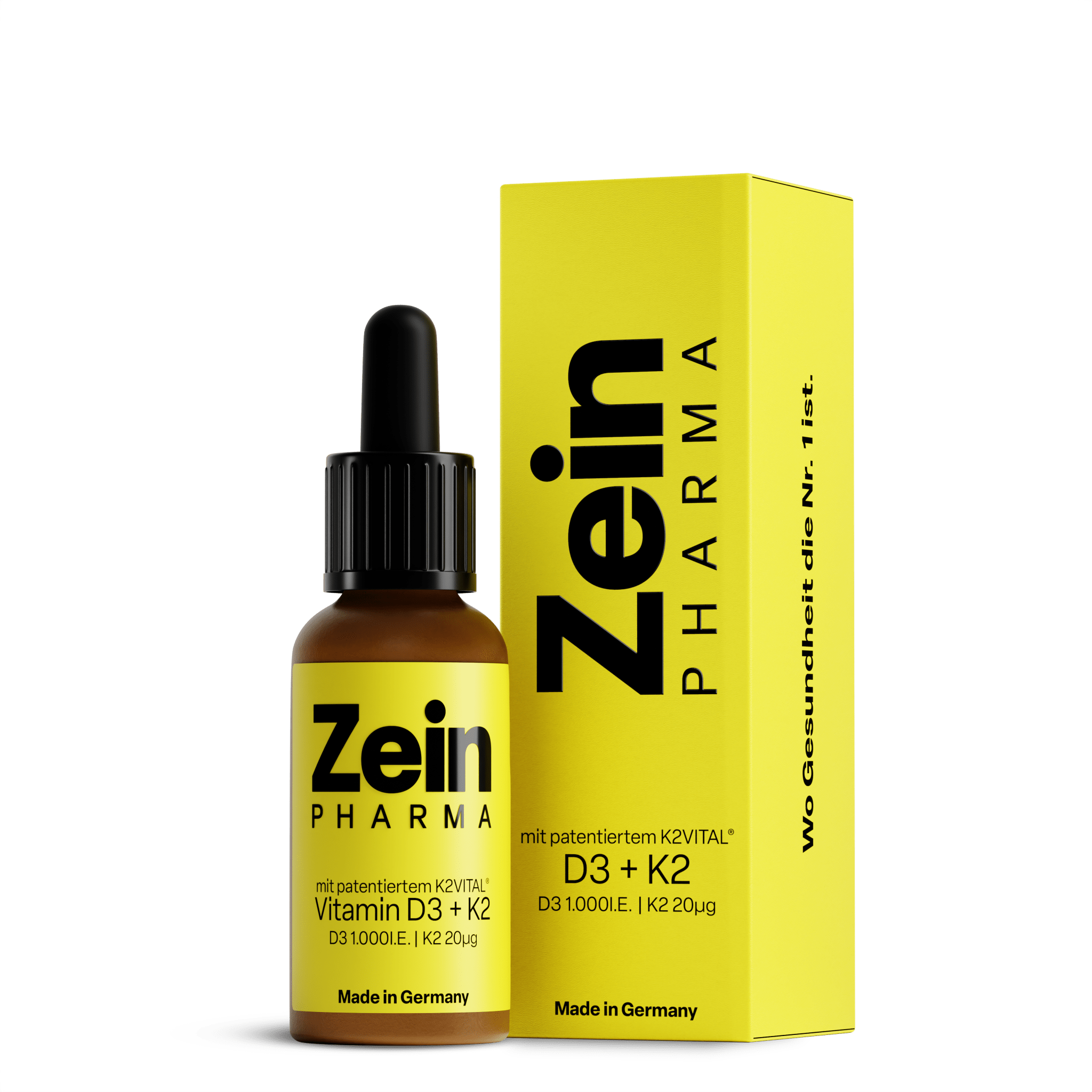 Sticlă sticlă ambră Zein Pharma Vitamin D3+K2 cu pipetă neagră și etichetă galbenă, logo Zein PHARMA negru, text mit patentiertem K2VITAL Vitamin D3+K2, specificații D3 1000 I.E. și K2 20μg, Made in Germany, cutie galbenă alături. Picături premium germane pentru adulți cu vitamina D3 naturală din lanolină și vitamina K2 brevetată K2VITAL 99,7% all-trans MK-7 în ulei MCT cocos. Susține sănătatea oaselor, dinților și sistemului imunitar, direcționează calciul corect în organism.