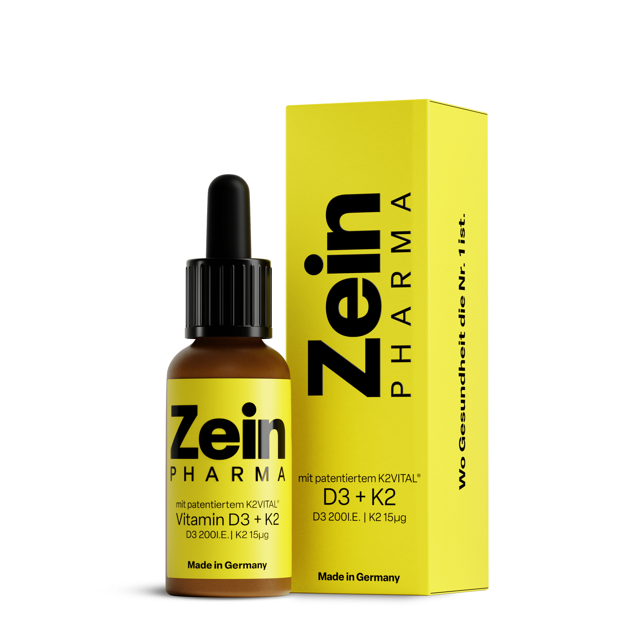 Sticlă sticlă ambră Zein Pharma Vitamin D3+K2 cu pipetă neagră și etichetă galbenă, logo Zein PHARMA negru, text mit patentiertem K2VITAL Vitamin D3+K2, specificații D3 200 I.E. și K2 15μg, Made in Germany, cutie galbenă alături. Picături premium germane cu vitamina D3 naturală din lanolină și vitamina K2 brevetată K2VITAL 99,7% all-trans MK-7 în ulei MCT cocos. Susține sănătatea oaselor și dinților, sistemul imunitar, absorbția și direcționarea calciului în organism.