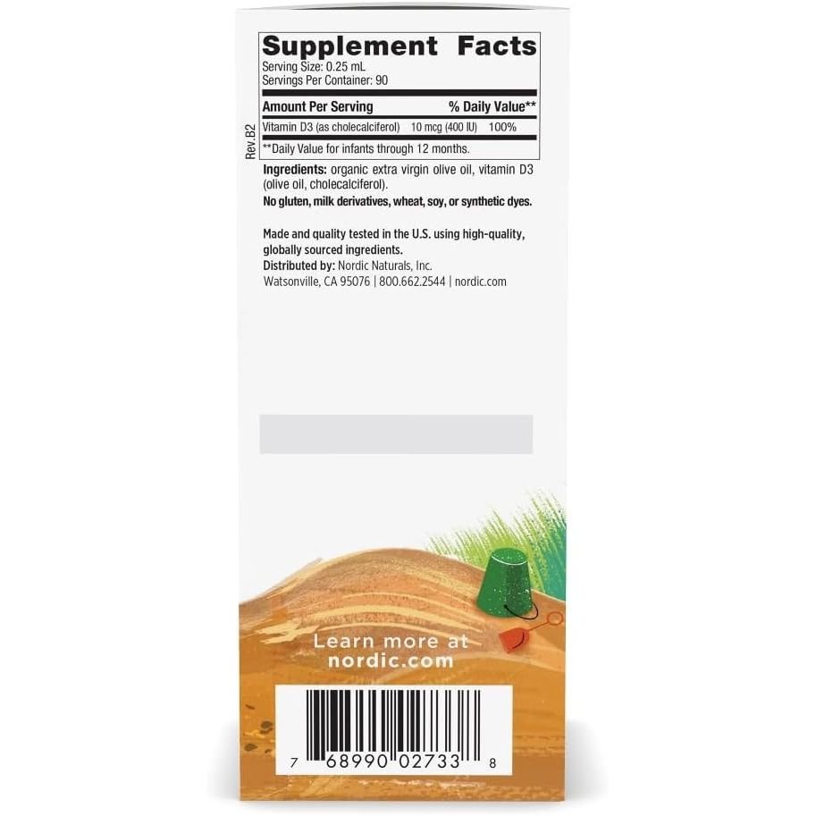 Vitamina D3 Lichida pentru Bebelusi 400 UI - Picaturi Vitamina D Copii - Nordic Naturals - 22.5 ml - Protein4Life