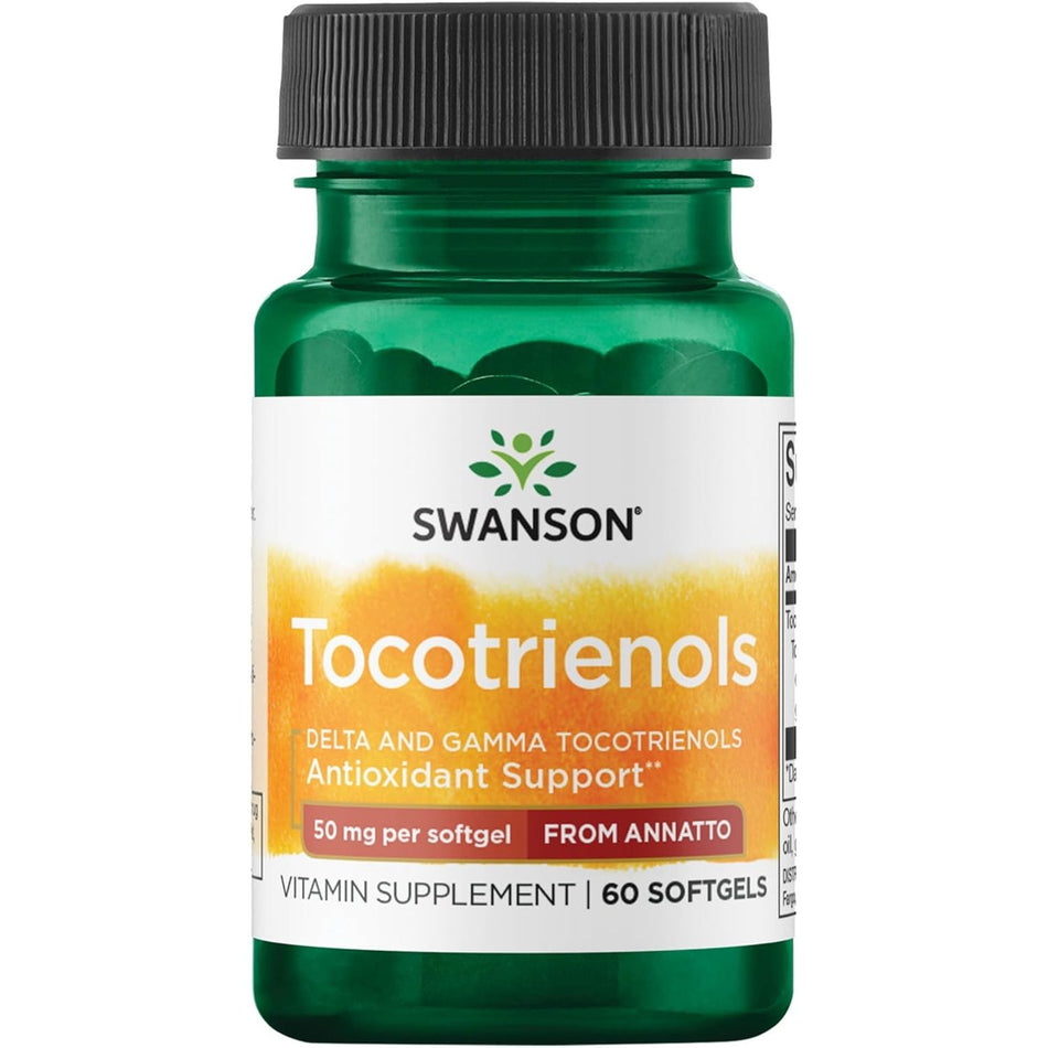 Recipient plastic verde Swanson Tocotrienols cu capac negru, logo verde Swanson cu frunză, text mare Tocotrienols, subtitlu Delta and Gamma Tocotrienols Antioxidant Support, mențiuni 50mg per softgel și From Annatto, Vitamin Supplement 60 Softgels. Formulă premium DeltaGold cu 85% delta-tocotrienoli și 8% gamma-tocotrienoli din annatto, singura sursă fără tocoferoli pentru absorbție optimă. Susține sănătatea cardiovasculară, metabolismul lipidic și protecția antioxidantă celulară.
