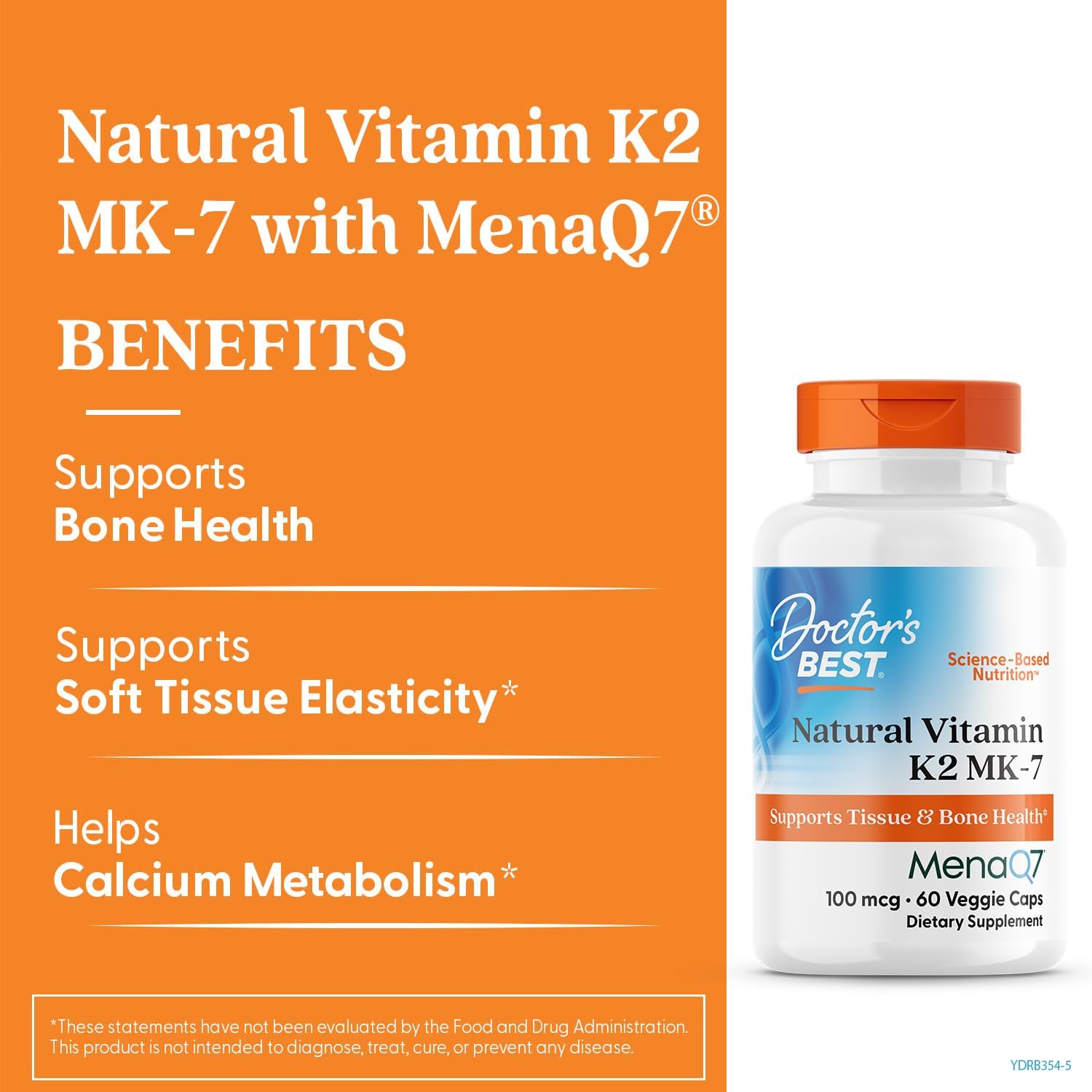 Vitamina K2 MK - 7 MenaQ7 pentru Oase, Artere si Metabolismul Calciului - Doctor's Best - 100 mcg - 60 Capsule - Protein4Life