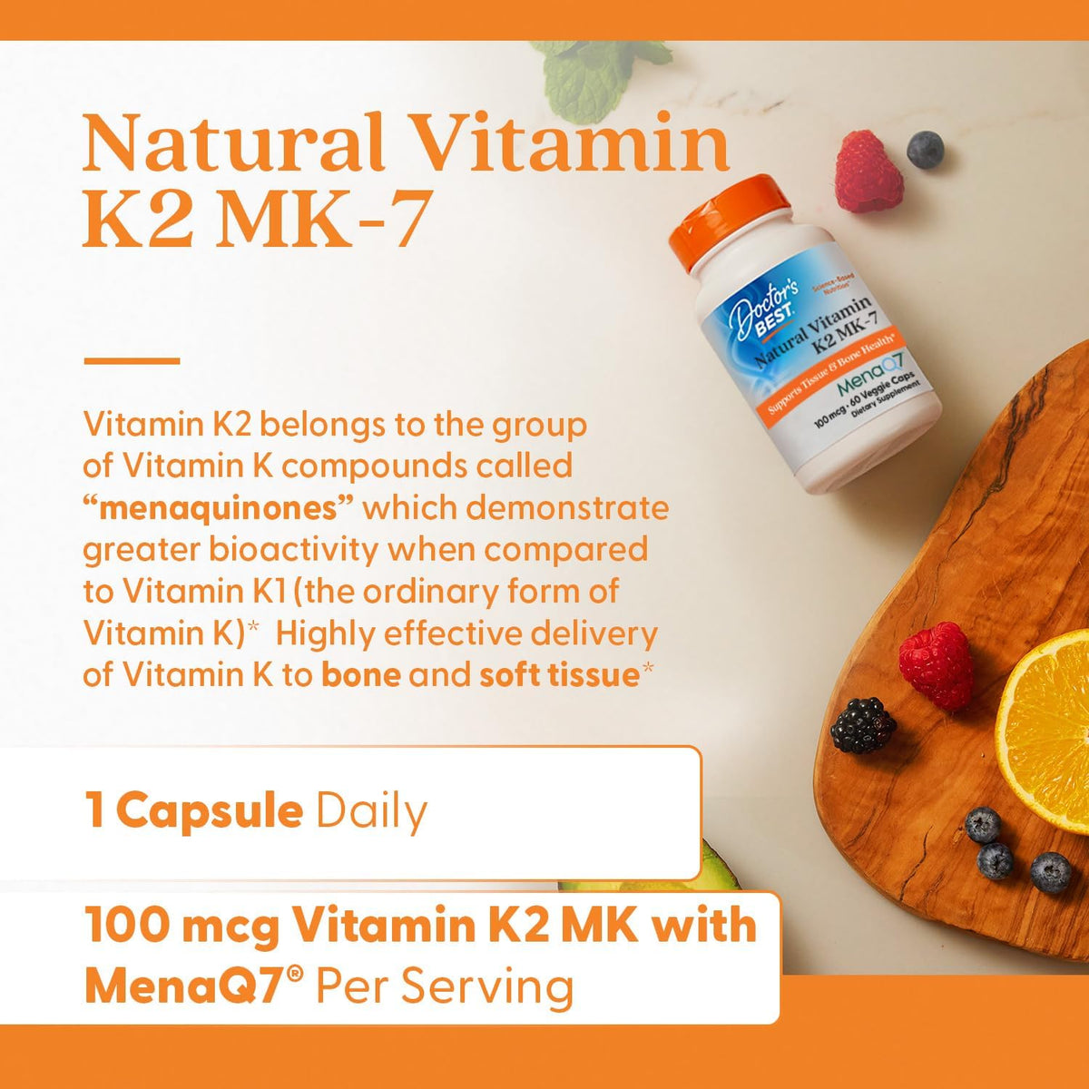 Vitamina K2 MK - 7 MenaQ7 pentru Oase, Artere si Metabolismul Calciului - Doctor's Best - 100 mcg - 60 Capsule - Protein4Life